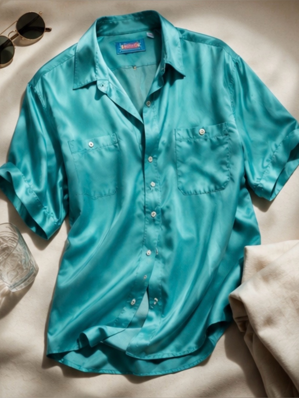Vintage Karuba 100% Silk Teal Button Up Shirt Oversized Unisex M